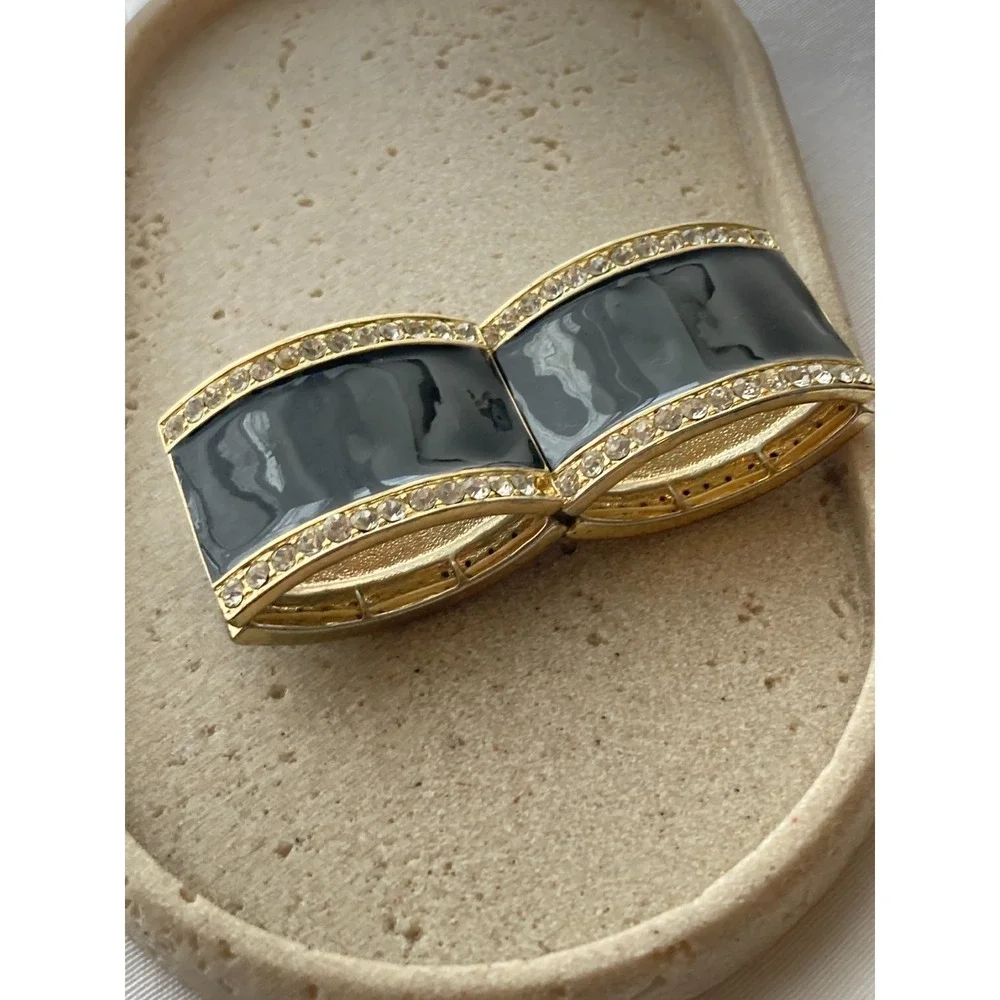 Wide Stretch Clamper Cuff Bracelet Black Enamel Gold Tone Rhinestone Trim Chunky